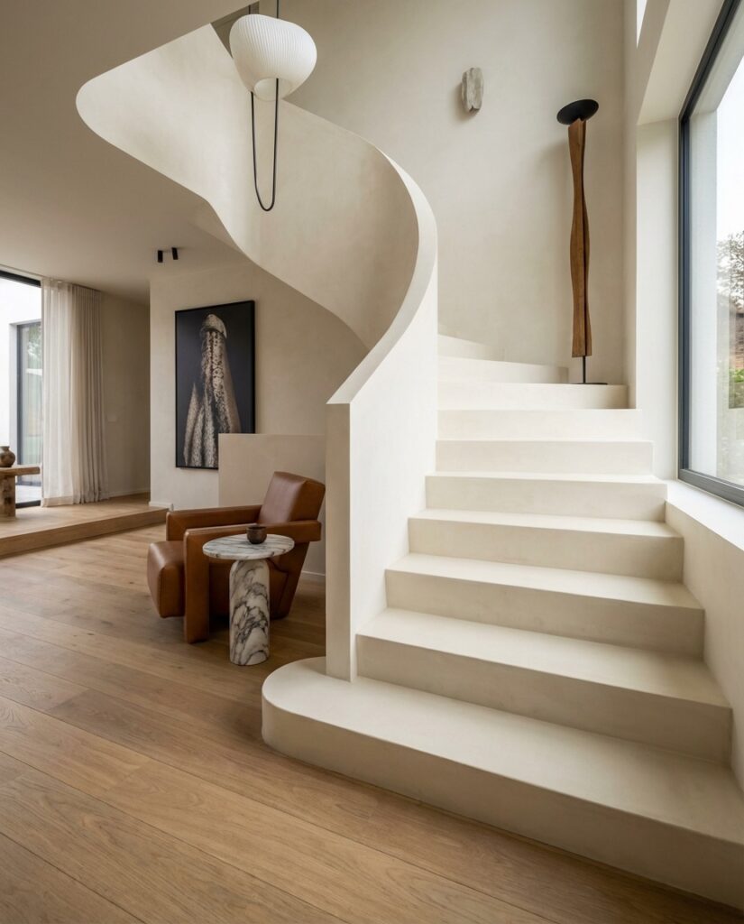 Ein stilvolles Wohnzimmer mit einer fugenlos gespachtelten Treppe und kreativer Wandgestaltung von Einhornwerke.