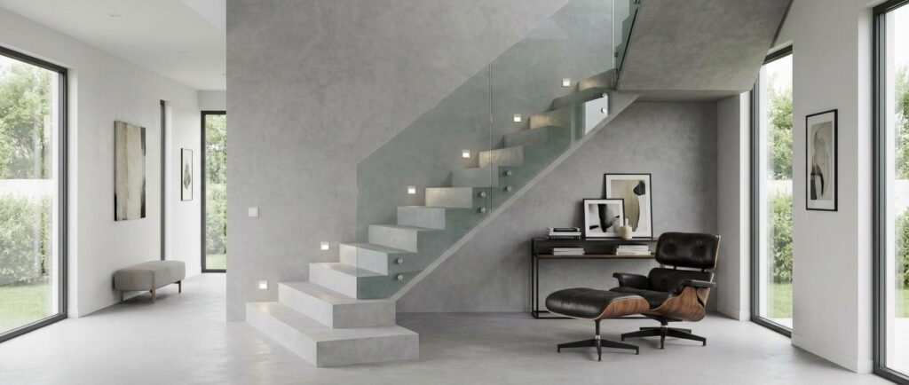 Ein stilvolles Wohnzimmer mit einer fugenlos gespachtelten Treppe von Einhornwerke, umgeben von moderner Wandgestaltung.