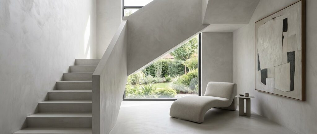 Eine fugenlos gespachtelte Treppe von Einhornwerke neben stilvoller Wandgestaltung führt zu einem modernen Wohnzimmer.