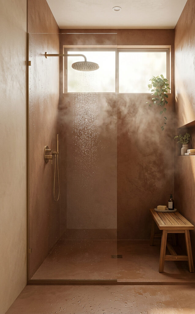 Eine moderne, fugenlose Dusche mit stilvoller Wandgestaltung und warmem Licht schafft eine entspannende Atmosphäre.