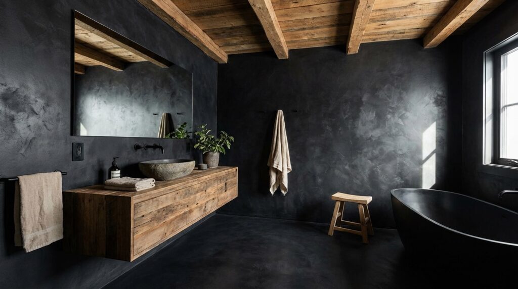 Ein modernes, fugenloses Badezimmer mit dunkler Wandgestaltung und Holzelementen schafft eine elegante Atmosphäre.