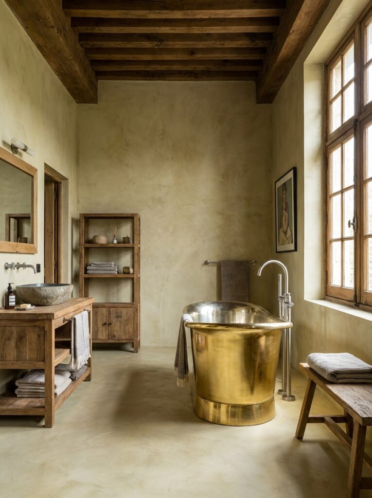 Ein modernes, fugenloses Badezimmer mit goldener Badewanne und natürlicher Wandgestaltung von Einhorn Werke.