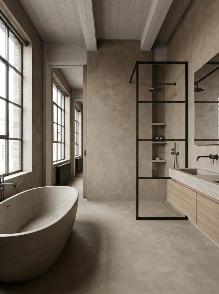 Ein fugenloses Loft Badezimmer mit Sichtbetonboden. Ausgeführt mit HERKULES im Farbton 0230.