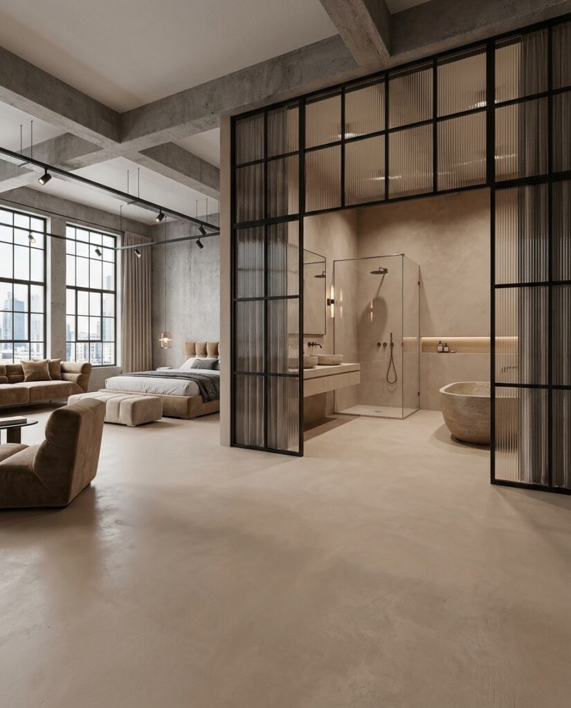 Ein Loft mit Sichtbetonboden und fugenlosem badezimmer. Ausgeführt mit HERKULES im Farbton 0090. Wände mit MARMOREA.