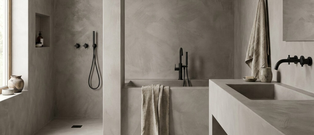 Ein modernes Badezimmer mit Betonoptik und Streichputz an den Wänden schafft eine elegante Atmosphäre.