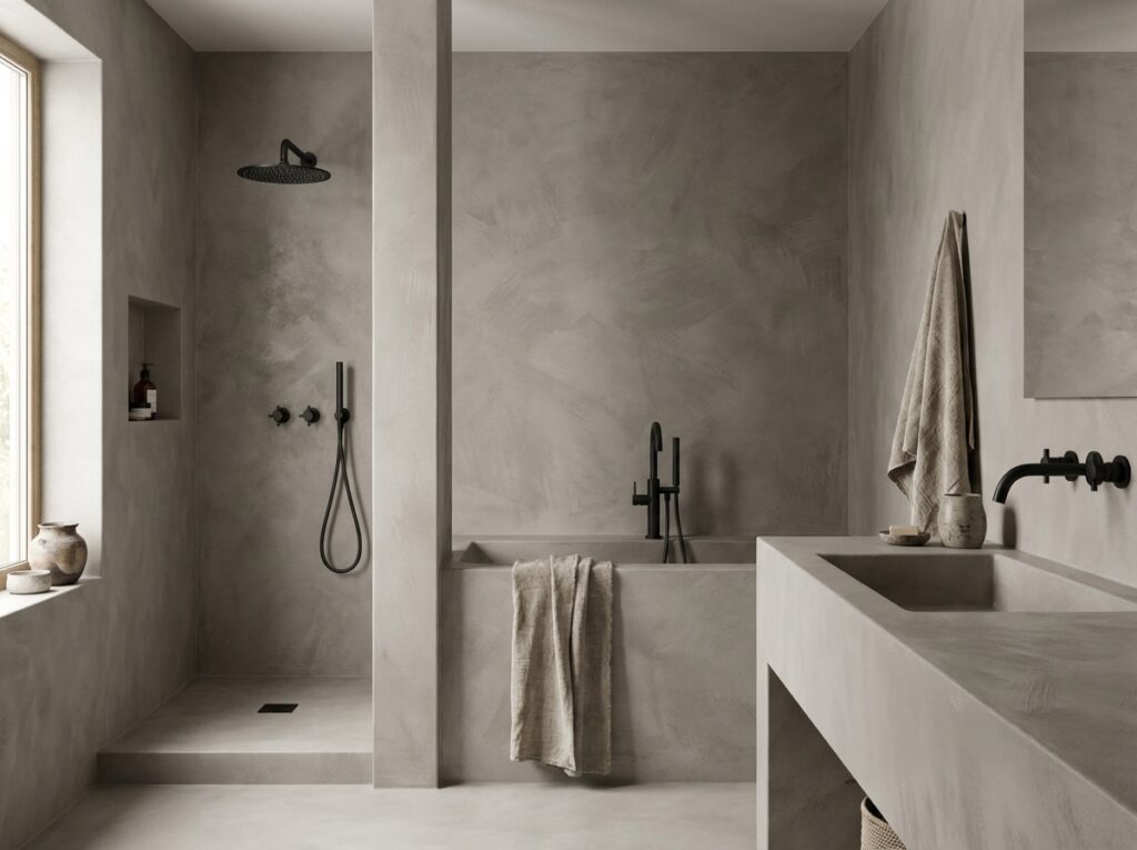 Ein modernes Badezimmer mit eleganter Wandgestaltung, fugenloser Dusche und stilvollen Armaturen von Einhornwerke. Farbton 0200.