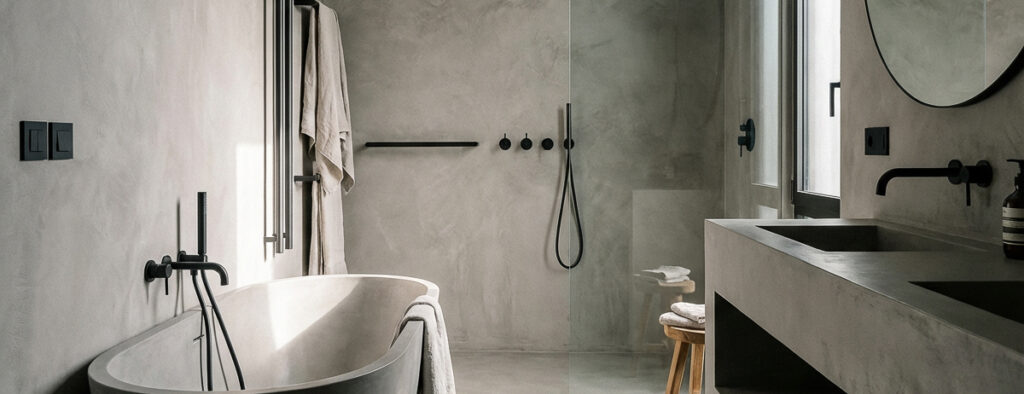 Ein modernes Badezimmer mit Betonoptik zeigt stilvolle Wandgestaltung und elegante Streichputz-Oberflächen.