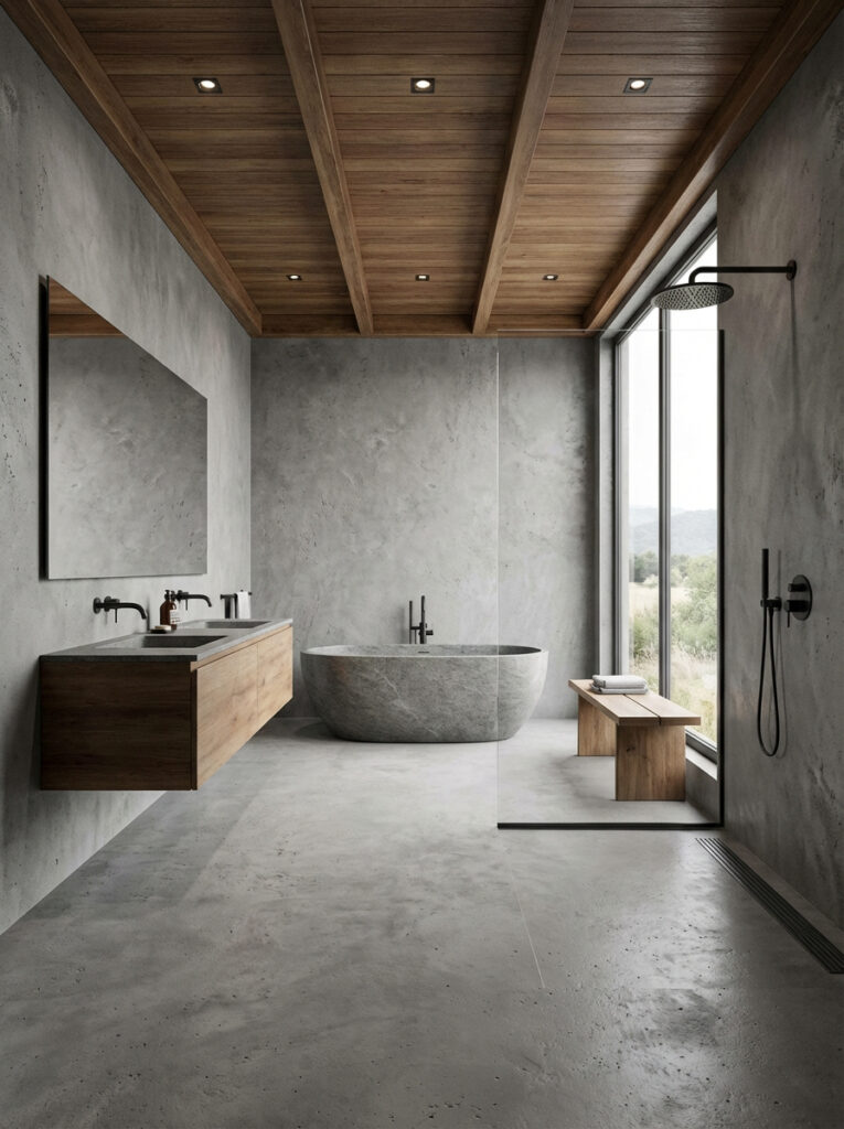 Ein fugenloses Badezimmer mit Sichtbetonboden. Ausgeführt mit HERKULES im Farbton 0210. Wände außerhalb der Dusche mit MARMOREA Kalkputz.