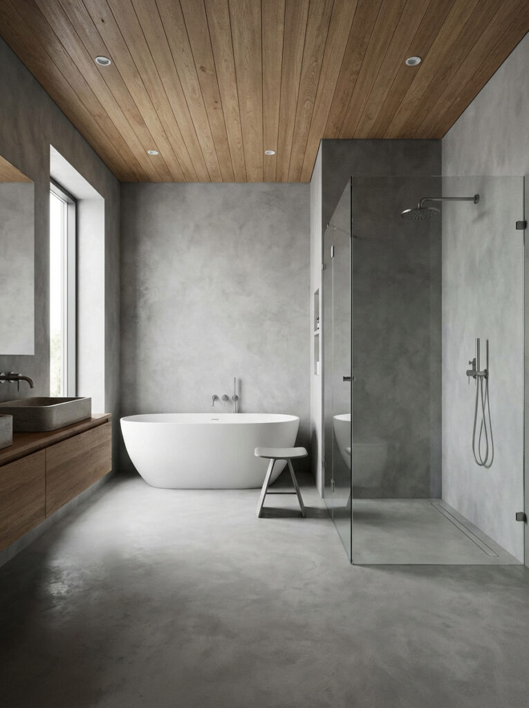 Ein fugenloses Badezimmer mit Sichtbetonboden. Ausgeführt mit HERKULES im Farbton 0210. Wände mit MARMOREA.