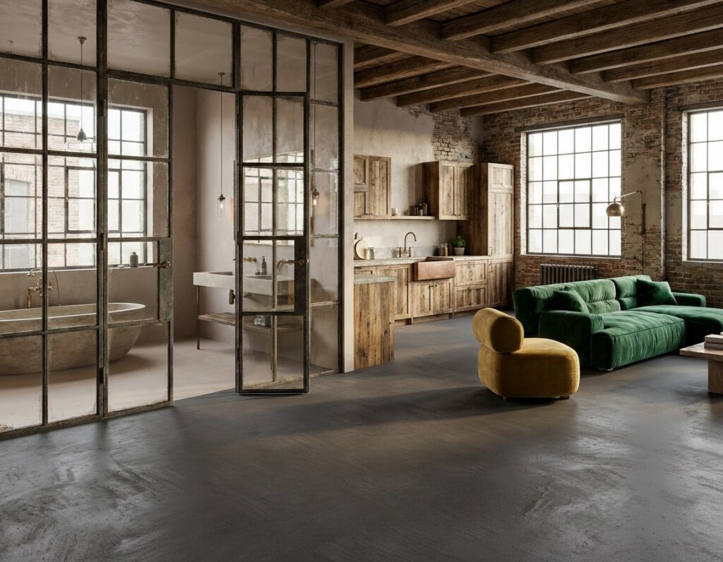 Ein Loft mit Sichtbetonboden. Ausgeführt mit HERKULES im Farbton 0230. Wände mit MARMOREA.