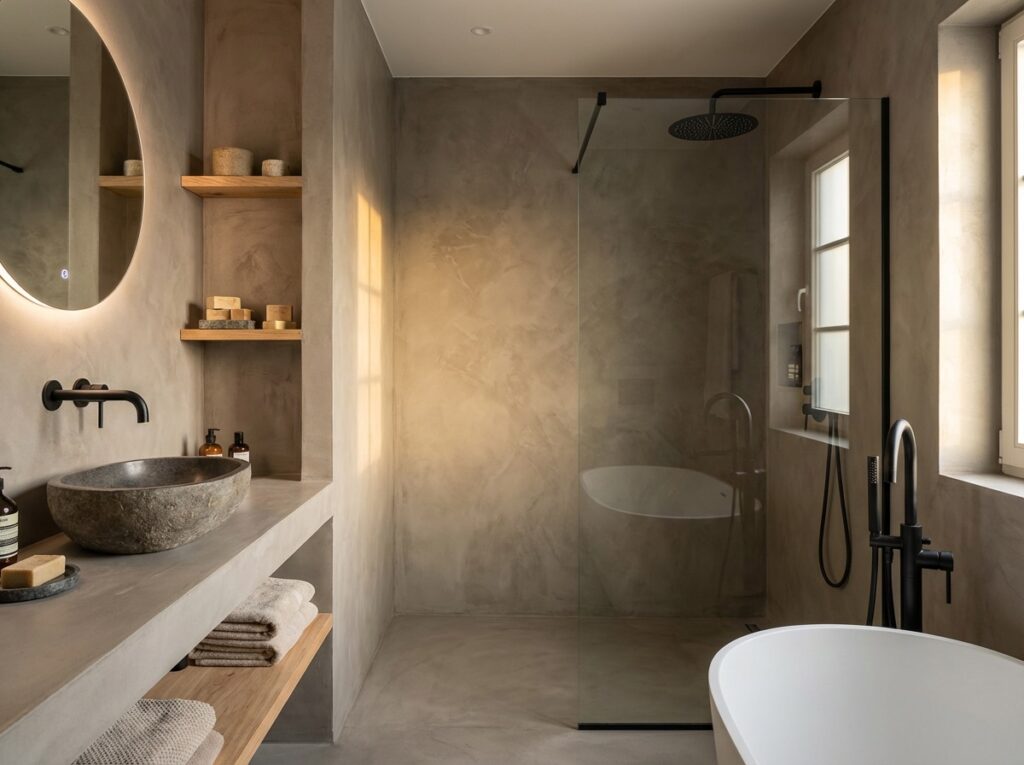 Ein modernes Badezimmer mit stilvoller Wandgestaltung, fugenloser Dusche und eleganter Einrichtung von Einhornwerke. Farbton, HERKULES 0270.