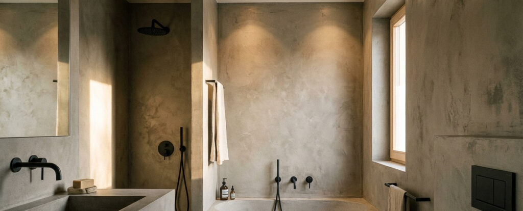 Ein modernes Badezimmer zeigt beeindruckende Wandgestaltung mit HERKULES-0707 Streichputz von Einhornwerke.