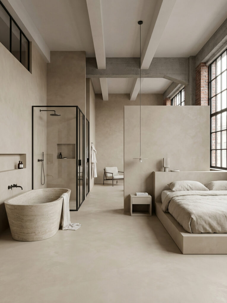 Sichtbetonboden mit HERKULES im Farbton 1000. Wände außerhalb der Dusche mit Marmorea Kalkputz in einem ähnlichen Farbton.