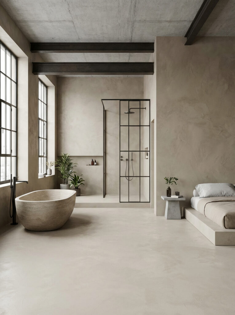 Sichtbetonboden mit HERKULES im Farbton 3210. Wände außerhalb der Dusche mit Marmorea. Freistehende Badewanne und Bett.