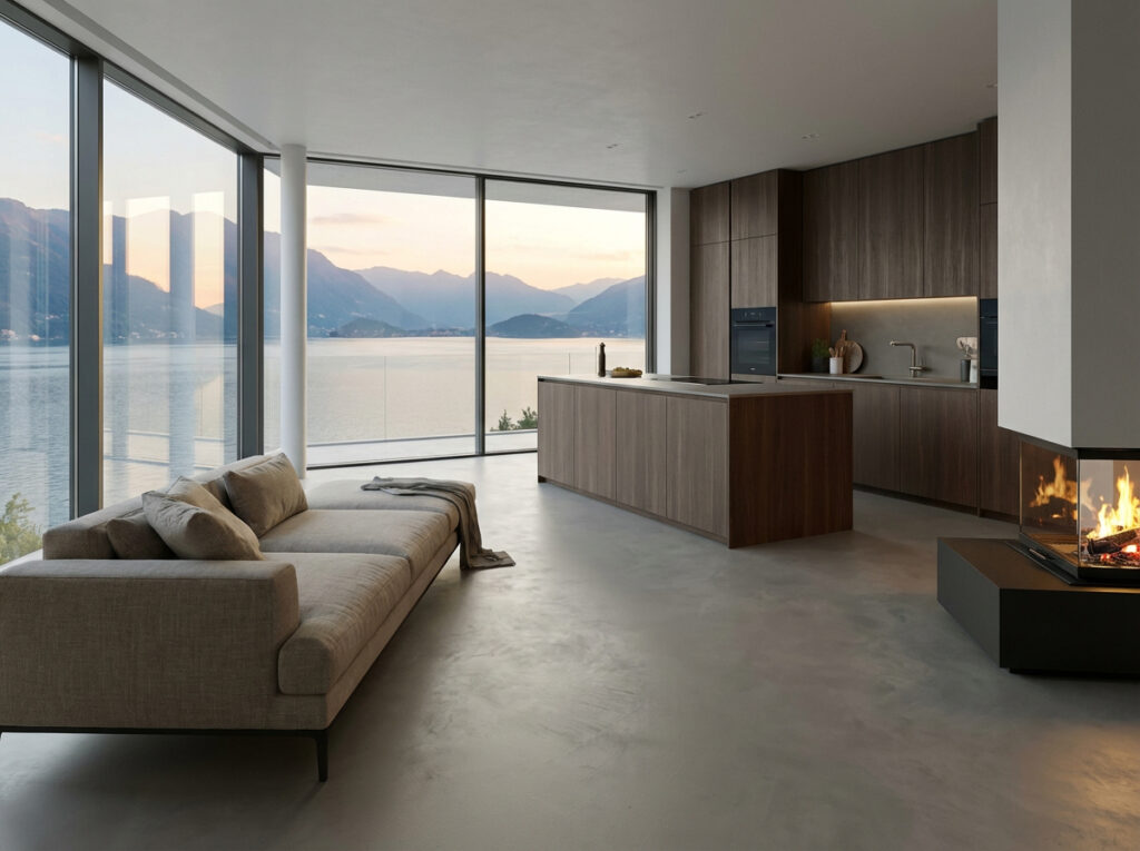 Wohnung mit Seeblick. Boden ist HERKULES Sichtbetonboden im Farbton 2701