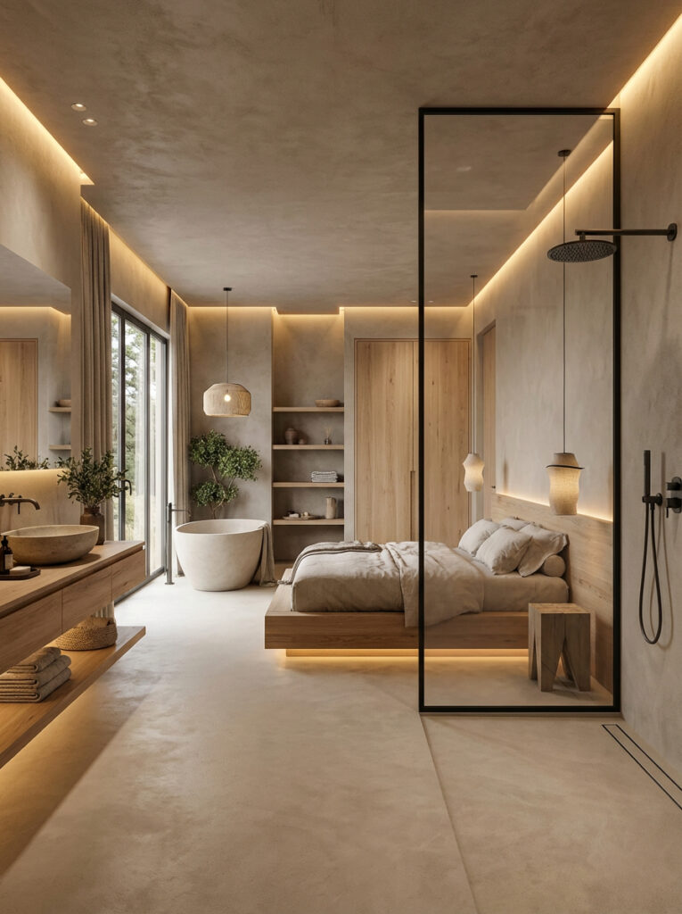 Ein elegantes Schlafzimmer mit moderner Wandgestaltung und stilvollen Details von Einhornwerke. Farbton: 3210