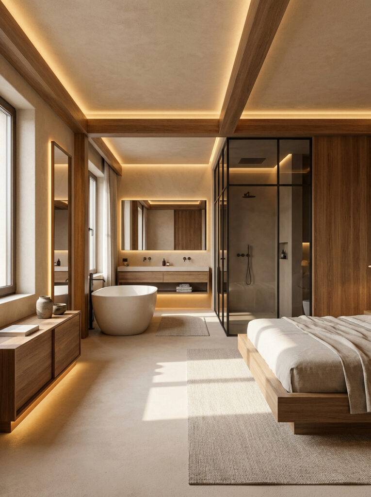 Hotelzimmer mit fugenlosem badezimmer, einem Sichtbetonboden mit HERKULES im Farbton 3210