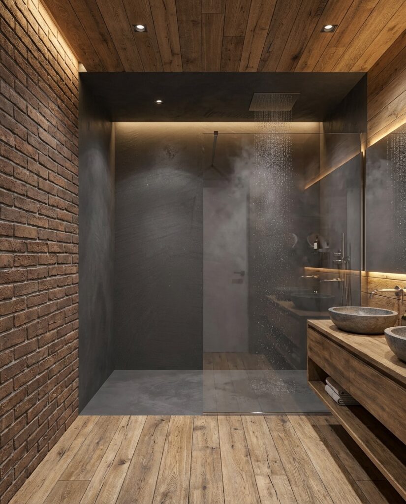 Ein stilvolles Microzement-Badezimmer mit viel Holz und einer fugenlosen Dusche schafft eine warme Atmosphäre.