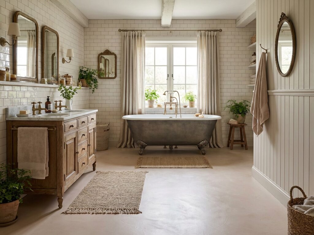 Ein stilvolles Landhaus-Badezimmer mit HERKULES-Spachtelboden und eleganter Wandgestaltung von Einhornwerke.