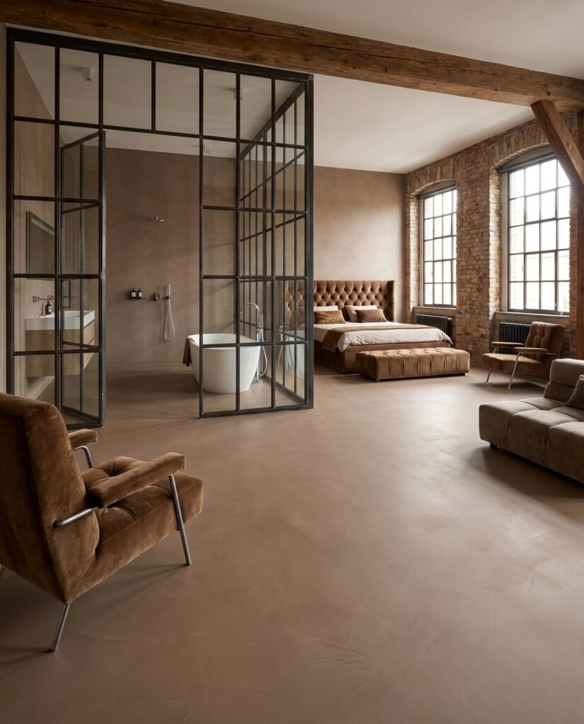 Ein stilvolles Loft-Badezimmer mit HERKULES-Spachtelboden und eleganter Wandgestaltung von Einhornwerke.