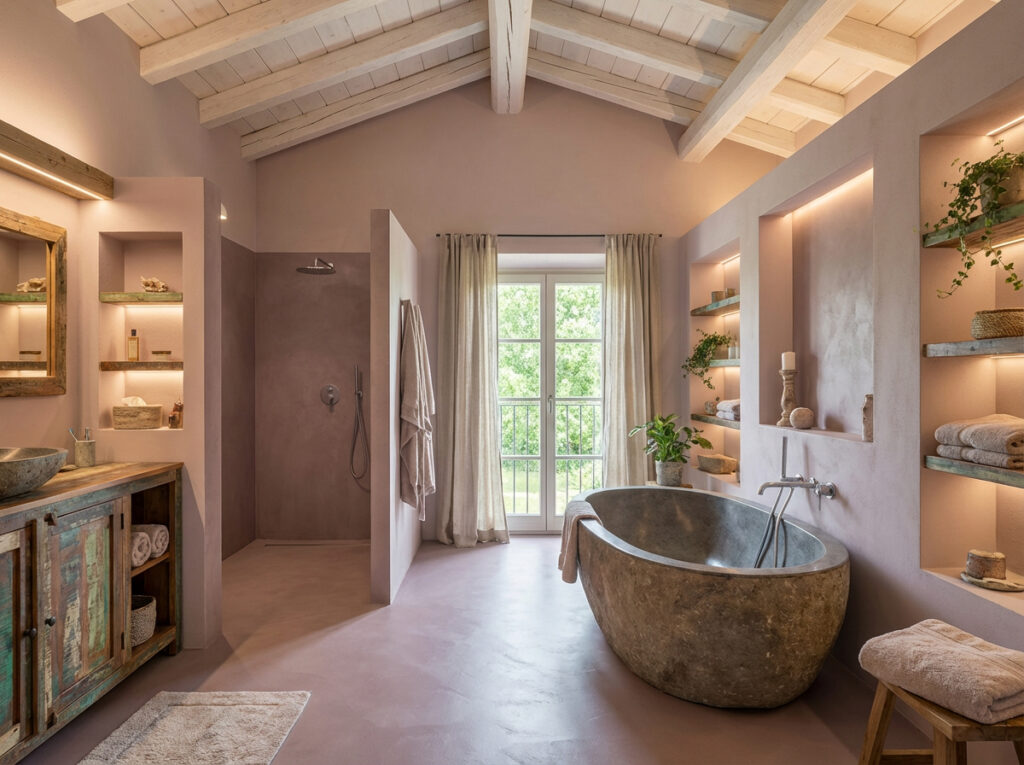 Ein stilvolles Badezimmer mit fugenlosem Microzement-Boden und eleganter Wandgestaltung von Einhornwerke.