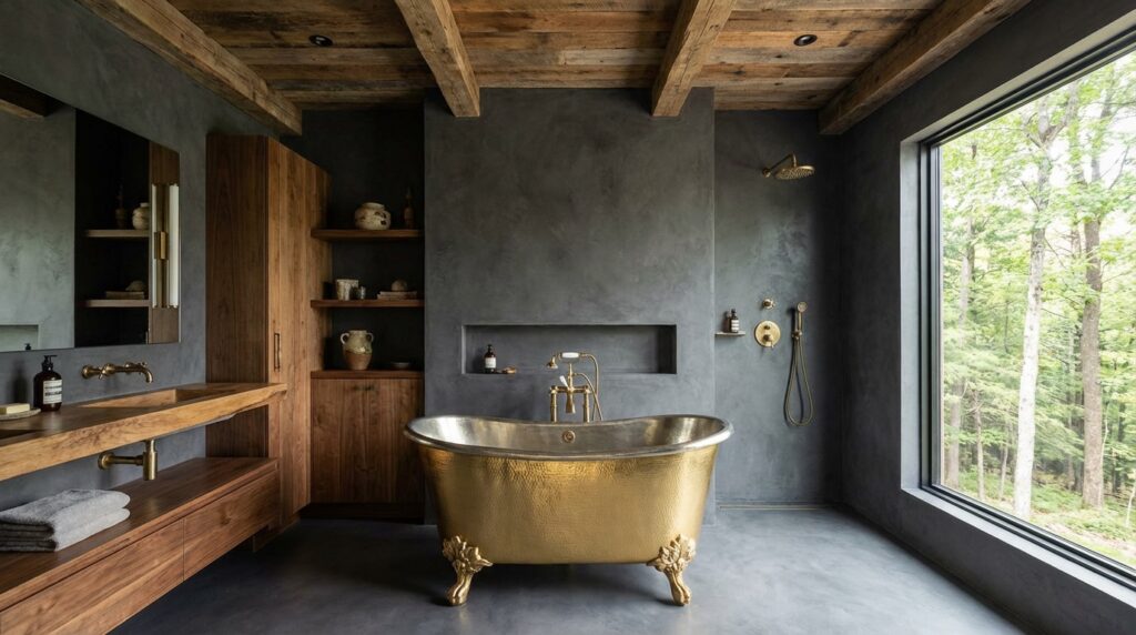 Ein stilvolles Microzement-Badezimmer mit HERKULES 0208 zeigt eine goldene Badewanne und elegante Wandgestaltung.