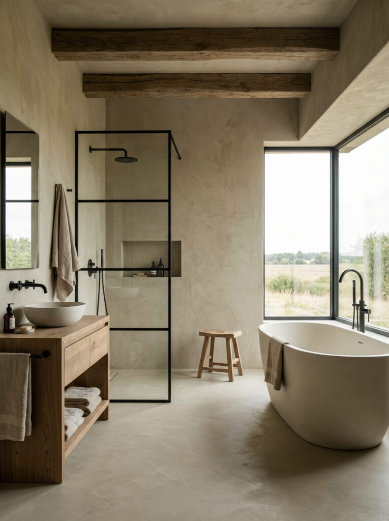 Ein stilvolles Microzement-Badezimmer mit HERKULES 0802 zeigt elegante Wandgestaltung und moderne Armaturen.