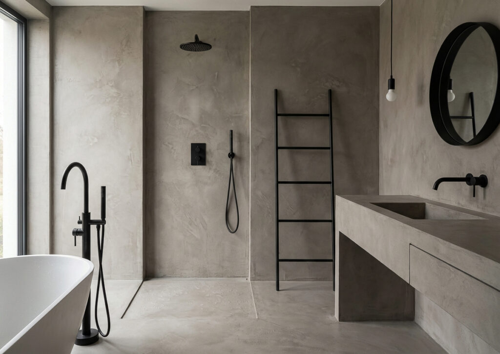 Ein stilvolles Microzement-Badezimmer mit HERKULES 0203 zeigt elegante Wandgestaltung und moderne Armaturen von Einhornwerke.