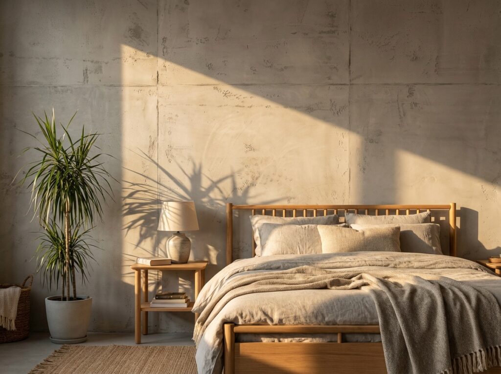 Ein modernes Schlafzimmer mit Betonoptik-Wänden und stilvollem Bett lädt zum Entspannen ein.