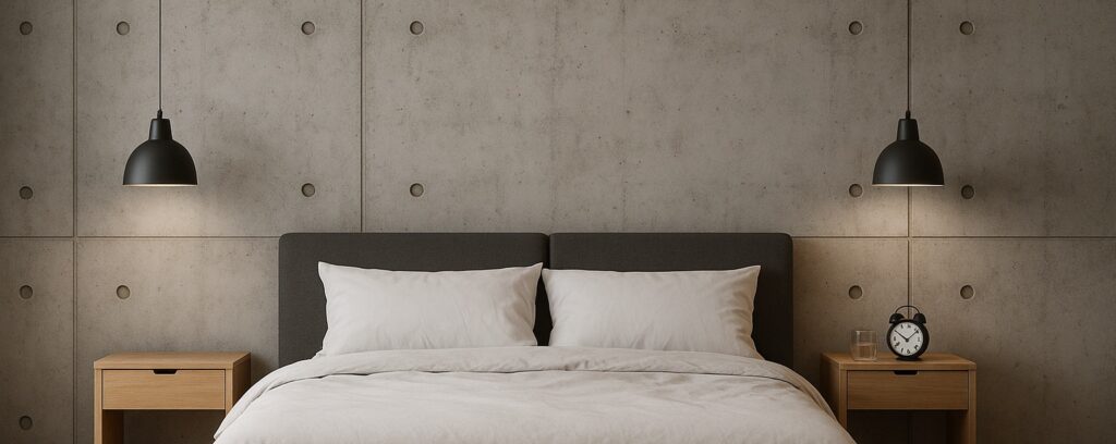 Ein stilvolles Schlafzimmer zeigt eine moderne Wandgestaltung in Betonoptik mit hängenden Lampen über den Nachttischen.