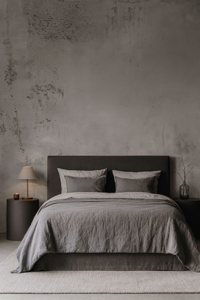Ein modernes Schlafzimmer zeigt eine elegante Wandgestaltung in Betonoptik von Einhornwerke.