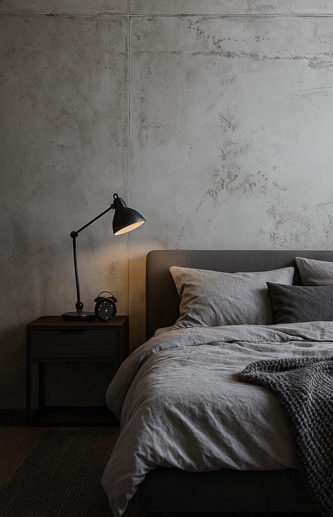 Ein modernes Schlafzimmer mit einer Wand in Betonoptik und stilvoller Beleuchtung von Einhornwerke sorgt für eine ruhige Atmosphäre.
