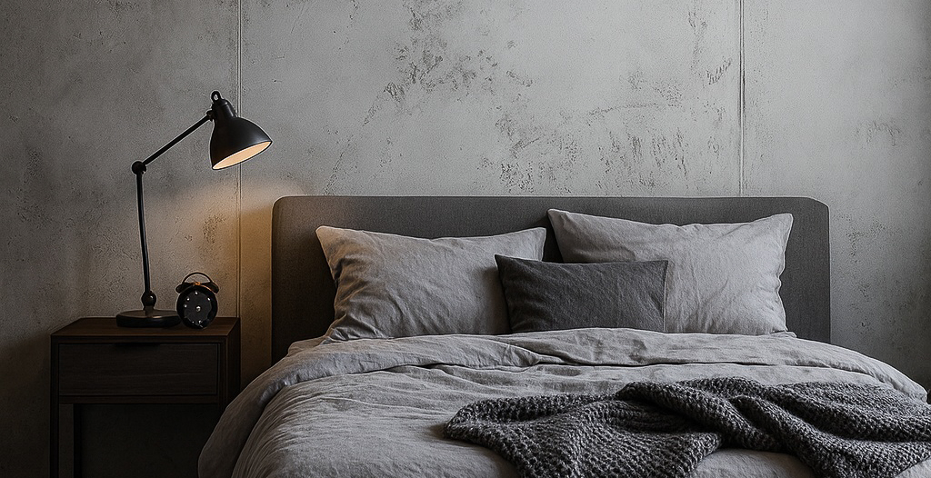 Ein stilvolles Schlafzimmer zeigt eine Betonoptik-Wand von Einhornwerke, kombiniert mit modernen, grauen Betttextilien.