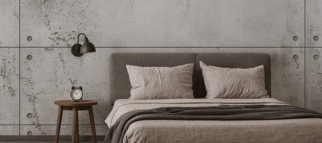 Ein modernes Schlafzimmer zeigt eine stilvolle Betonoptik-Wandgestaltung mit einem gemütlichen Bett und Nachttisch.
