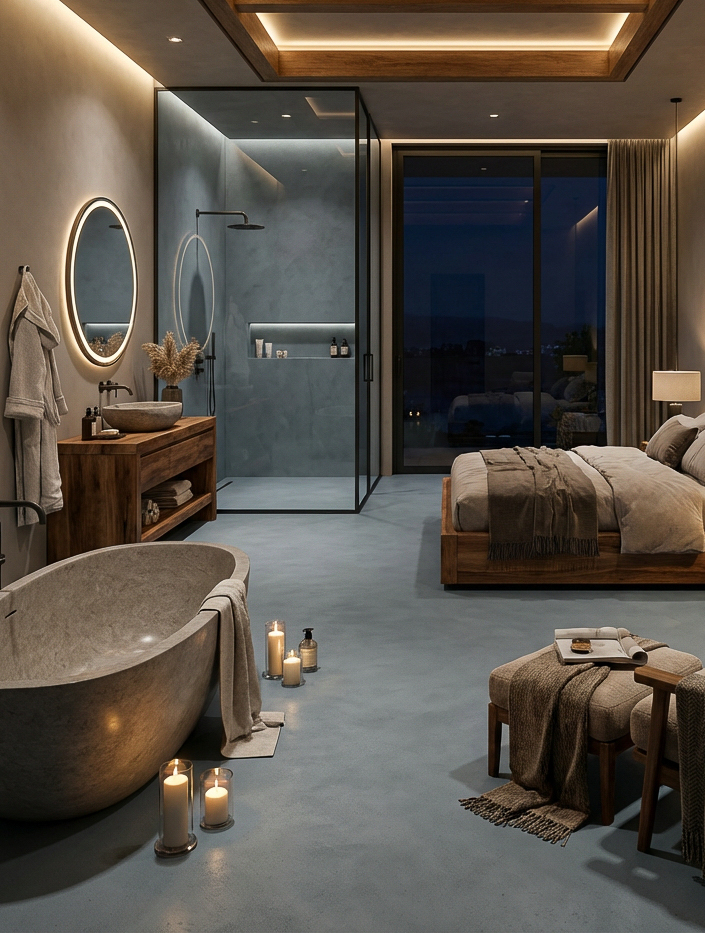 Ein modernes Schlafzimmer mit Spachtelboden von Einhorn Werke und stilvoller Wandgestaltung lädt zum Entspannen ein.