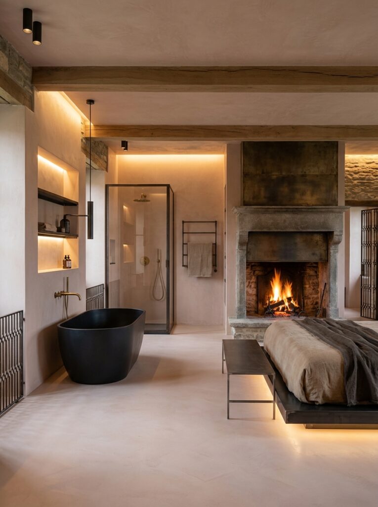 Hotelzimmer mit Sichtbetonboden, Wand und Decke MARMOREA 715, Boden und Dusche in HERKULES ähnlich dem Wandfarbton