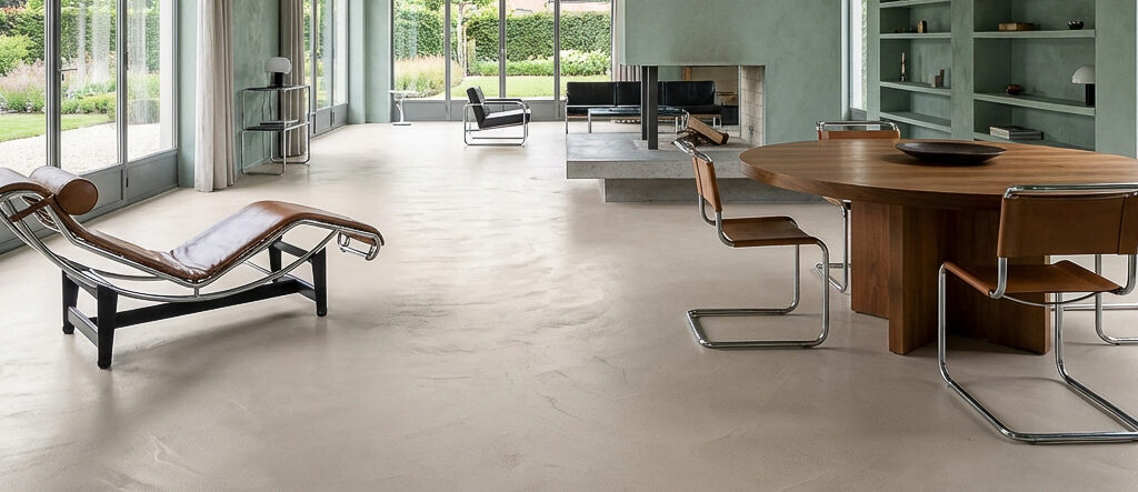 Ein Wohnzimmer mit Sichtbetonboden. Boden ausgeführt mit HERKULES im Farbton 0203. Wände mit MARMOREA im Farbton 224.