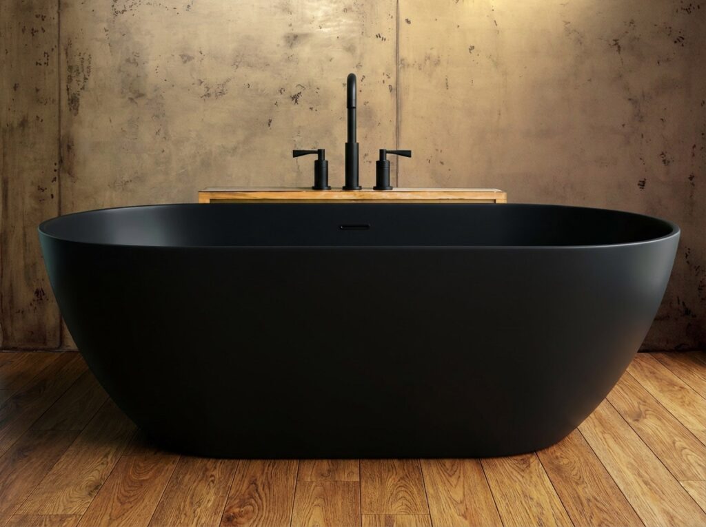 Ein modernes Badezimmer mit einer freistehenden schwarzen Badewanne vor einer Wand-in-Betonoptik von Einhornwerke.
