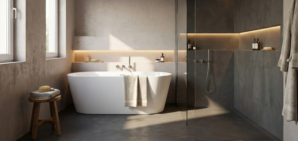 Ein stilvolles Badezimmer mit fugenlosem Boden und eleganter Wandgestaltung von Einhornwerke schafft eine luxuriöse Atmosphäre.