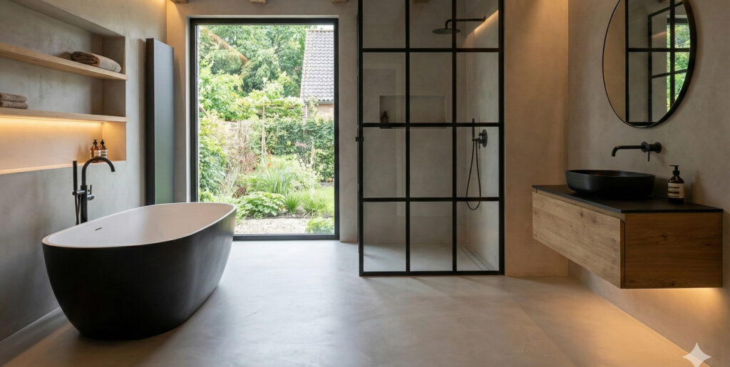 Ein modernes, fugenloses Badezimmer mit stilvoller Wandgestaltung und freistehender Badewanne bietet einen Blick ins Grüne.