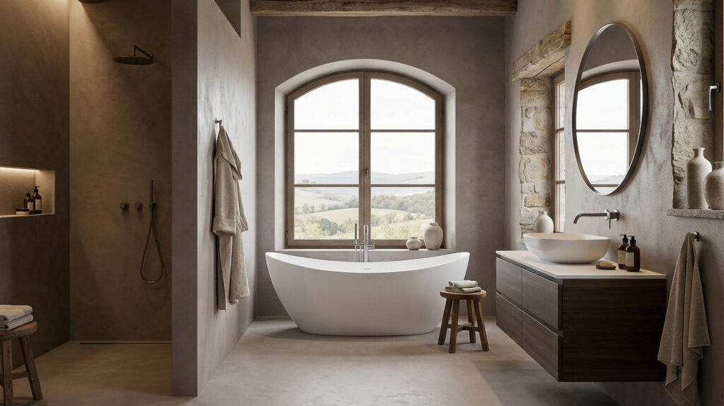 Ein elegantes Landhausbad mit freistehender Wanne und HERKULES-Spachtelboden im Farbton 1802 von Einhornwerke.