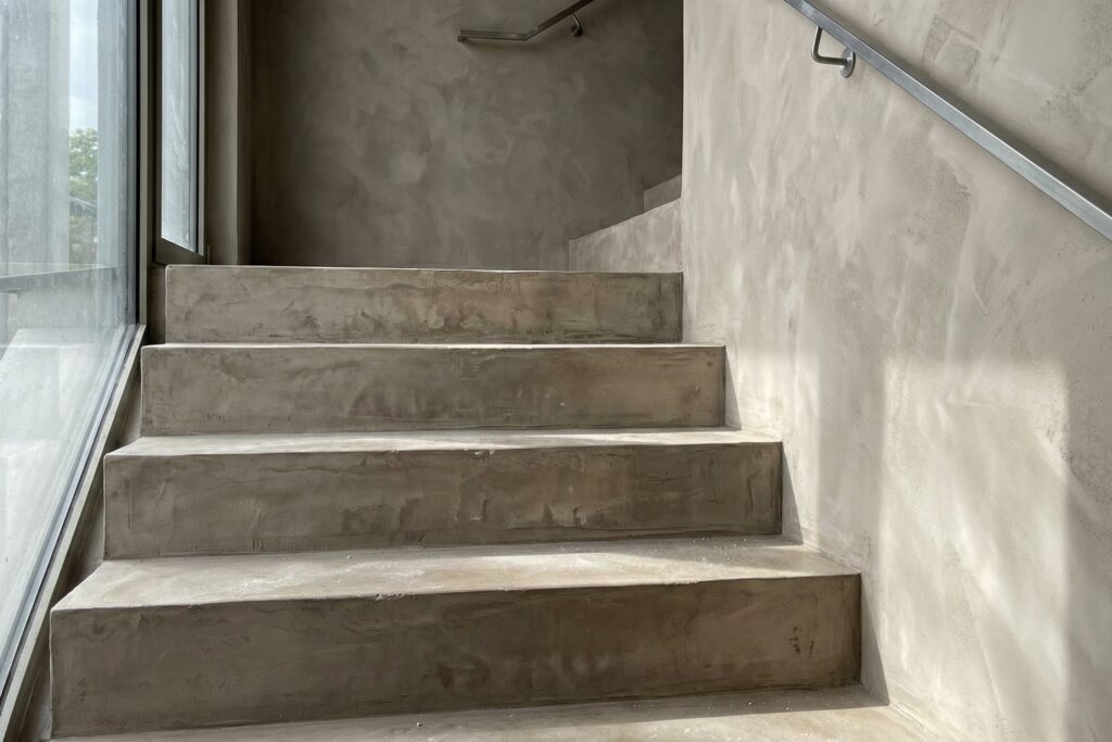 Eine moderne Treppe in Betonoptik mit eleganter Wandgestaltung von Einhornwerke wird von natürlichem Licht beleuchtet.