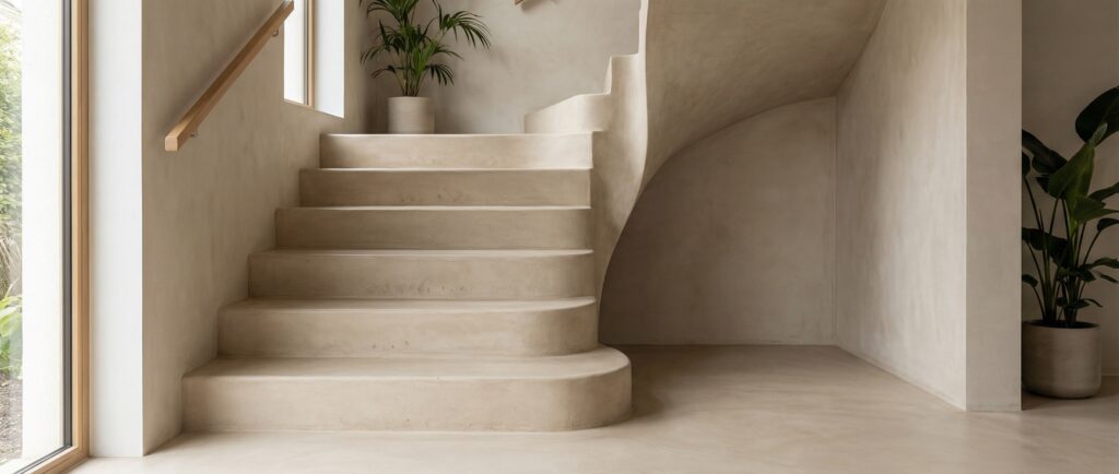 Eine elegante Betonoptik-Treppe im Wohnzimmer von Einhornwerke harmoniert mit moderner Wandgestaltung und Pflanzen.