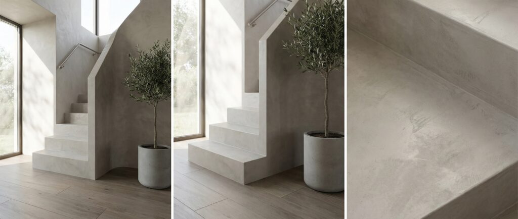 Eine moderne Treppe in Betonoptik von Einhornwerke ergänzt die stilvolle Wandgestaltung im hellen Wohnzimmer.