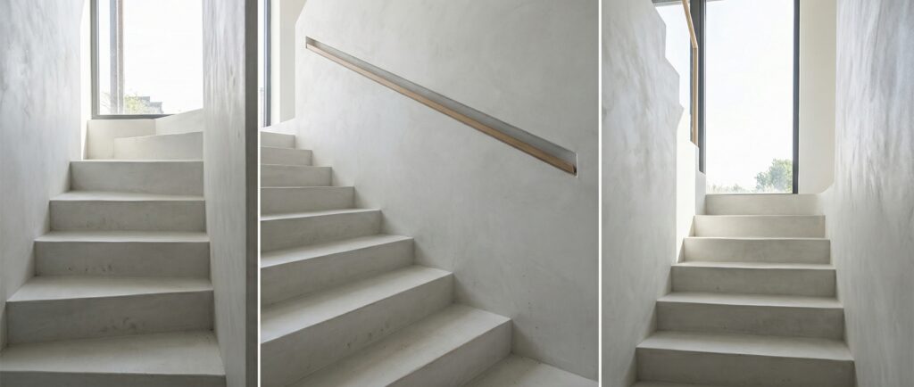 Eine stilvolle Treppe in Betonoptik mit moderner Wandgestaltung von Einhornwerke führt zu einem hellen Wohnzimmerbereich.