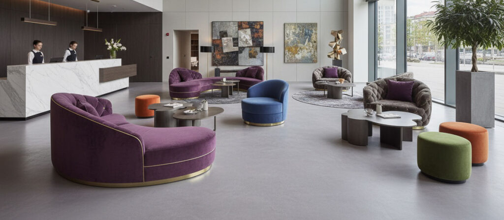 Ein stilvolles Wohnzimmer mit fugenlosem Boden HERKULES-0305 und eleganter Wandgestaltung von Einhornwerke.