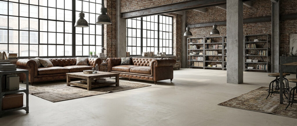 Ein modernes Wohnzimmer mit fugenlosem Spachtelboden HERKULES-2704 und stilvoller Wandgestaltung von Einhornwerke.