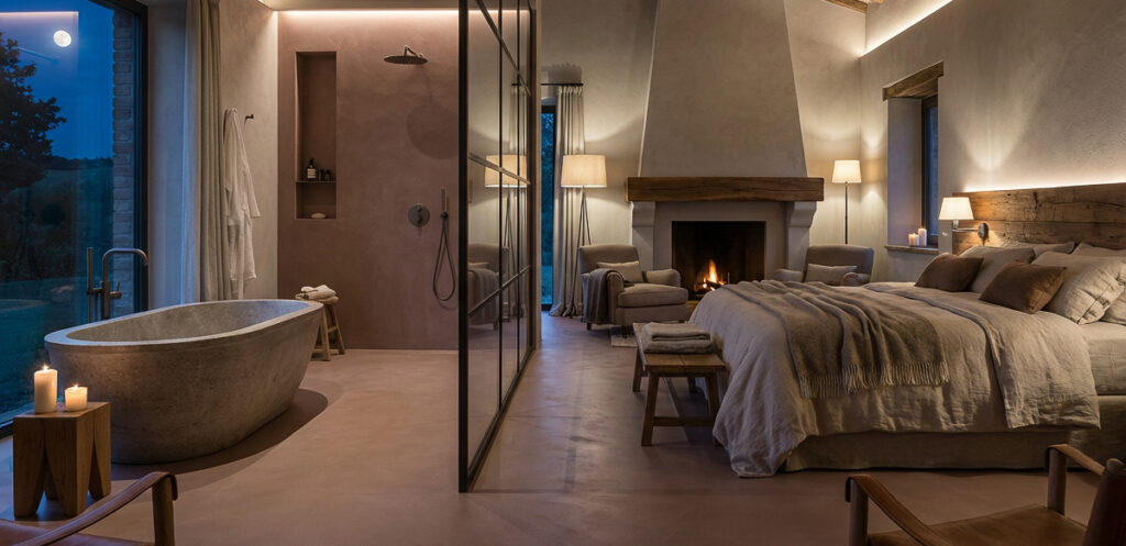 Ein stilvolles Schlafzimmer mit fugenlosem Boden und eleganter Wandgestaltung von Einhornwerke schafft eine gemütliche Atmosphäre.