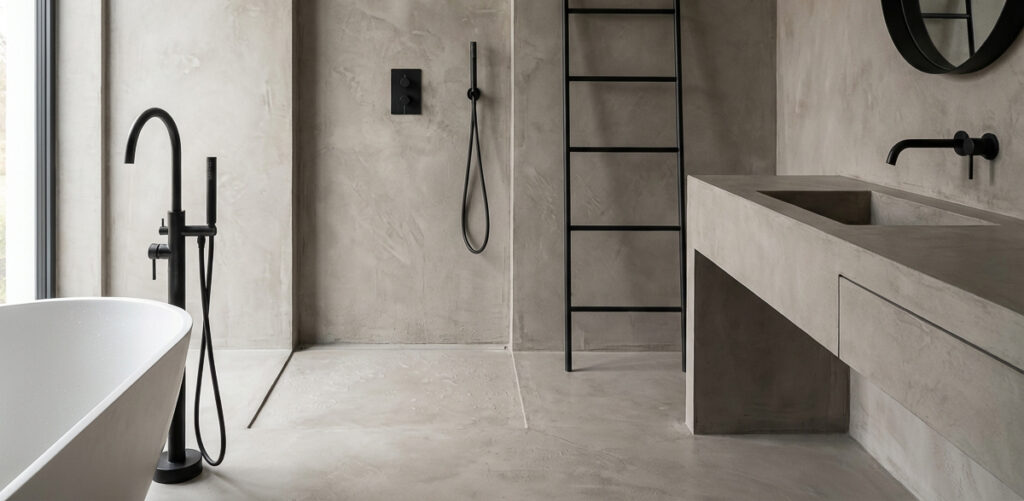 Ein modernes Badezimmer in Betonoptik mit eleganter Wandgestaltung und stilvollen schwarzen Armaturen.