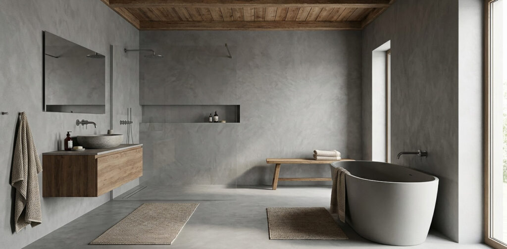 Ein stilvolles Badezimmer mit Sichtbeton-Wänden und moderner Wandgestaltung von Einhornwerke schafft eine elegante Atmosphäre.